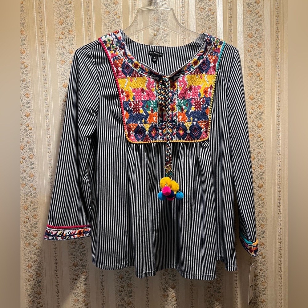 Women’s blouse, Hannah.medium. Blue, white striped with embroidery.